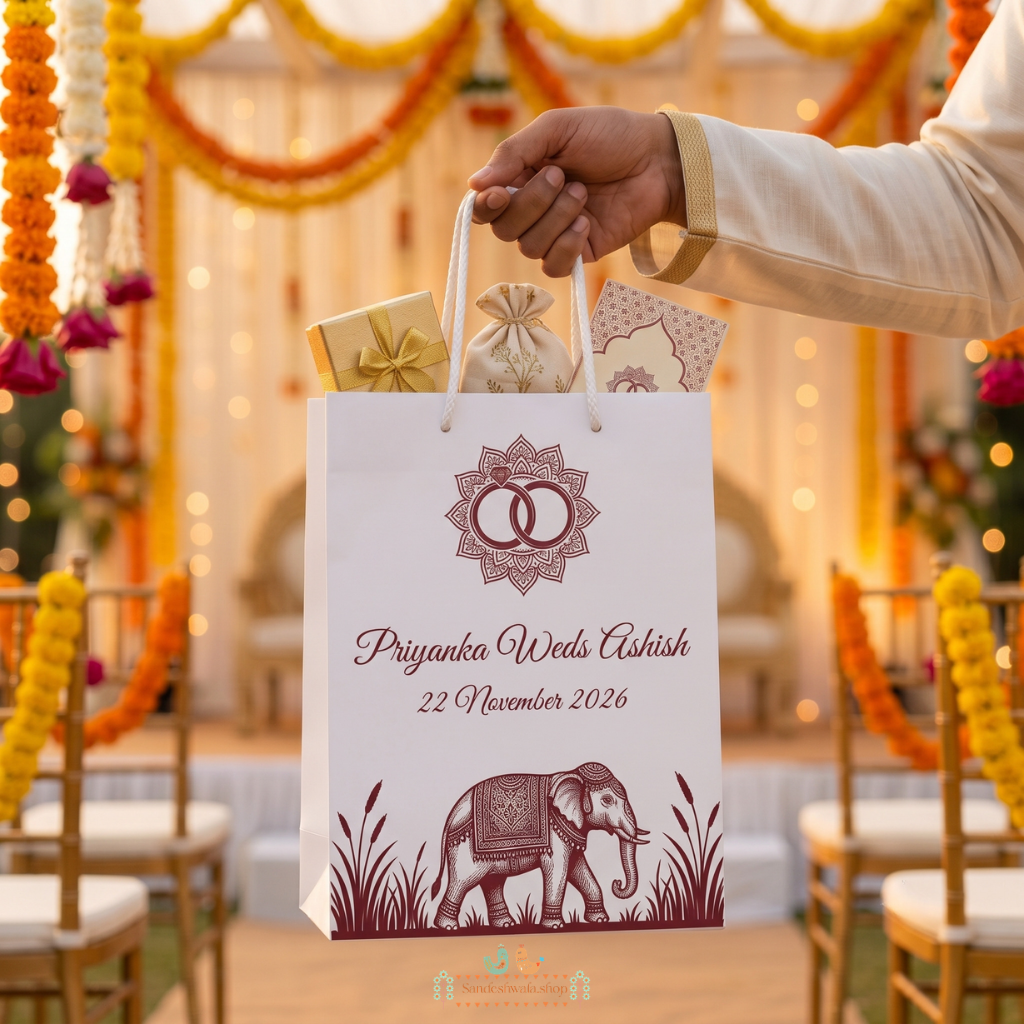 Maroon Elephant Personalised White Wedding Gift Bag