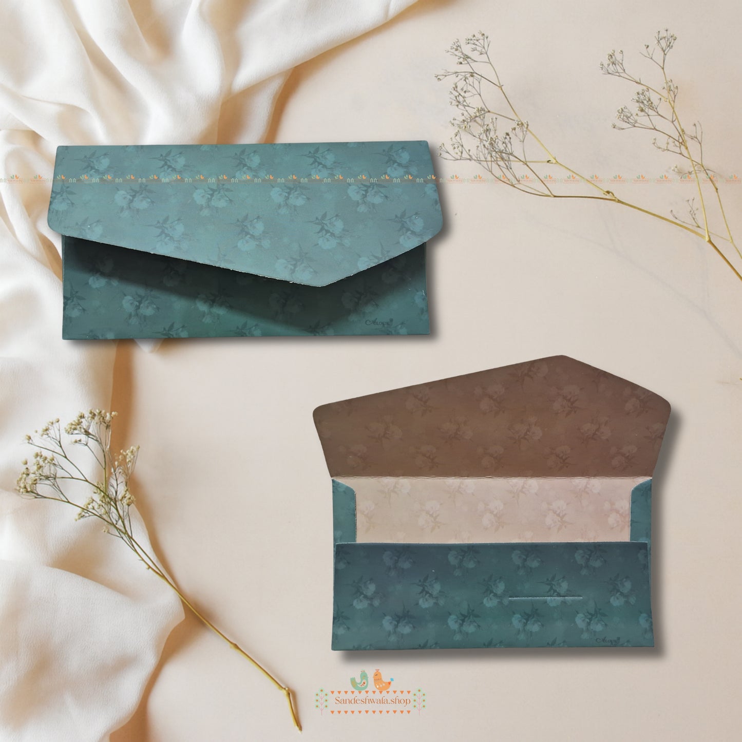 Teal Floral Premium Gold Foil Shagun Envelope - Signature Collection