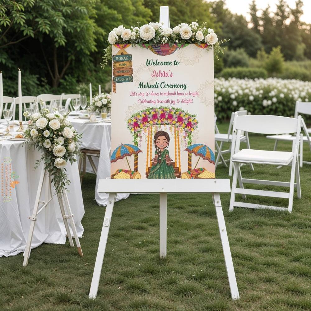 Mehendi Ceremony with Bride Illustration - Welcome Board