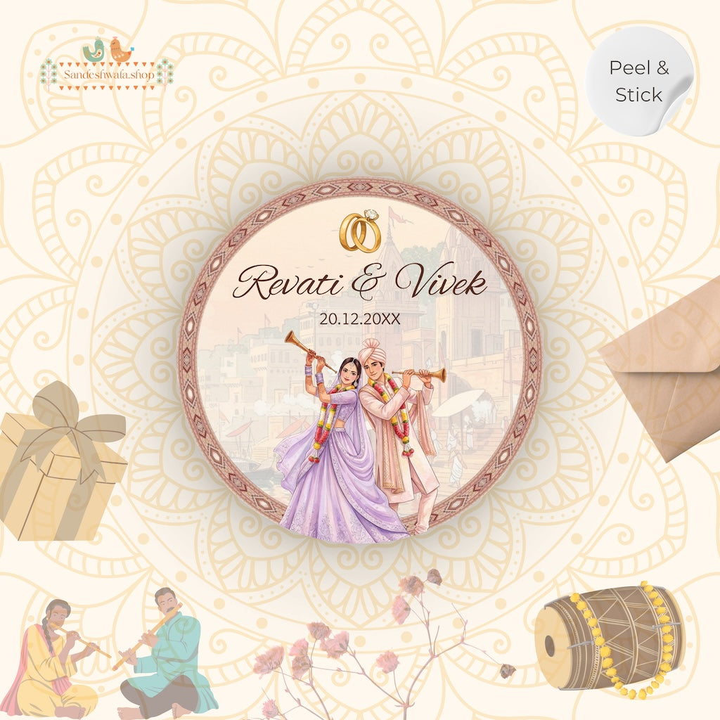 Decorative wedding invitation with illustrations of a couple and traditional elements on a patterned background.