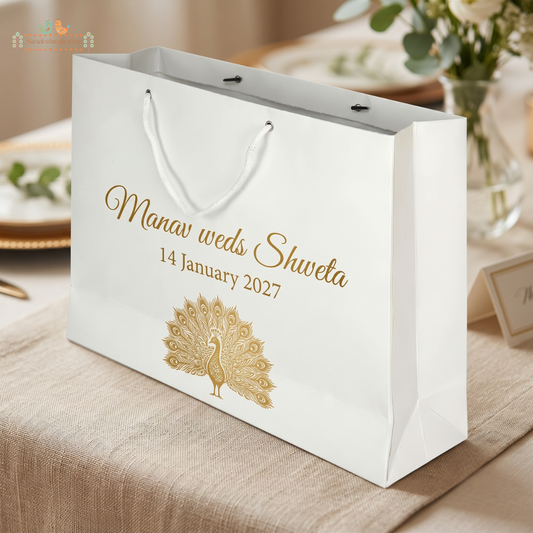Gold Peacock Personalised White Wedding Gift Bag