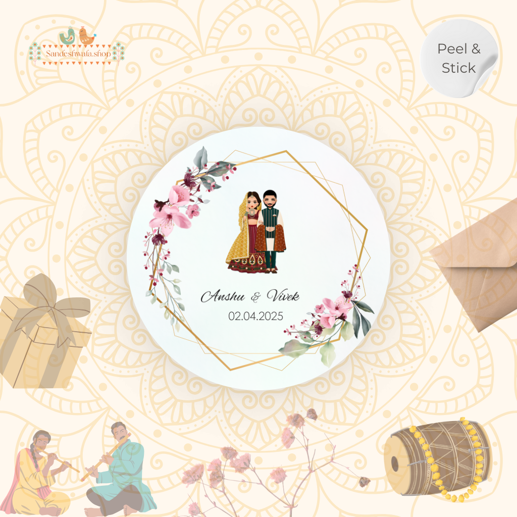 Pink Geometric Couple Illustration Wedding Sticker