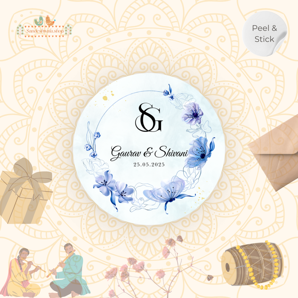 Blue Watercolor Monogram Floral Wedding Sticker
