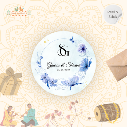 Blue Watercolor Monogram Floral Wedding Sticker