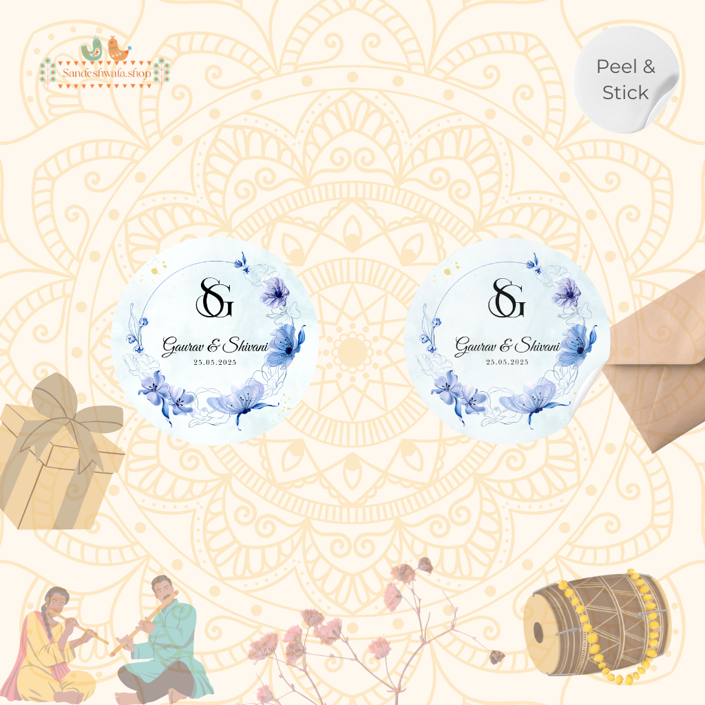 Blue Watercolor Monogram Floral Wedding Sticker