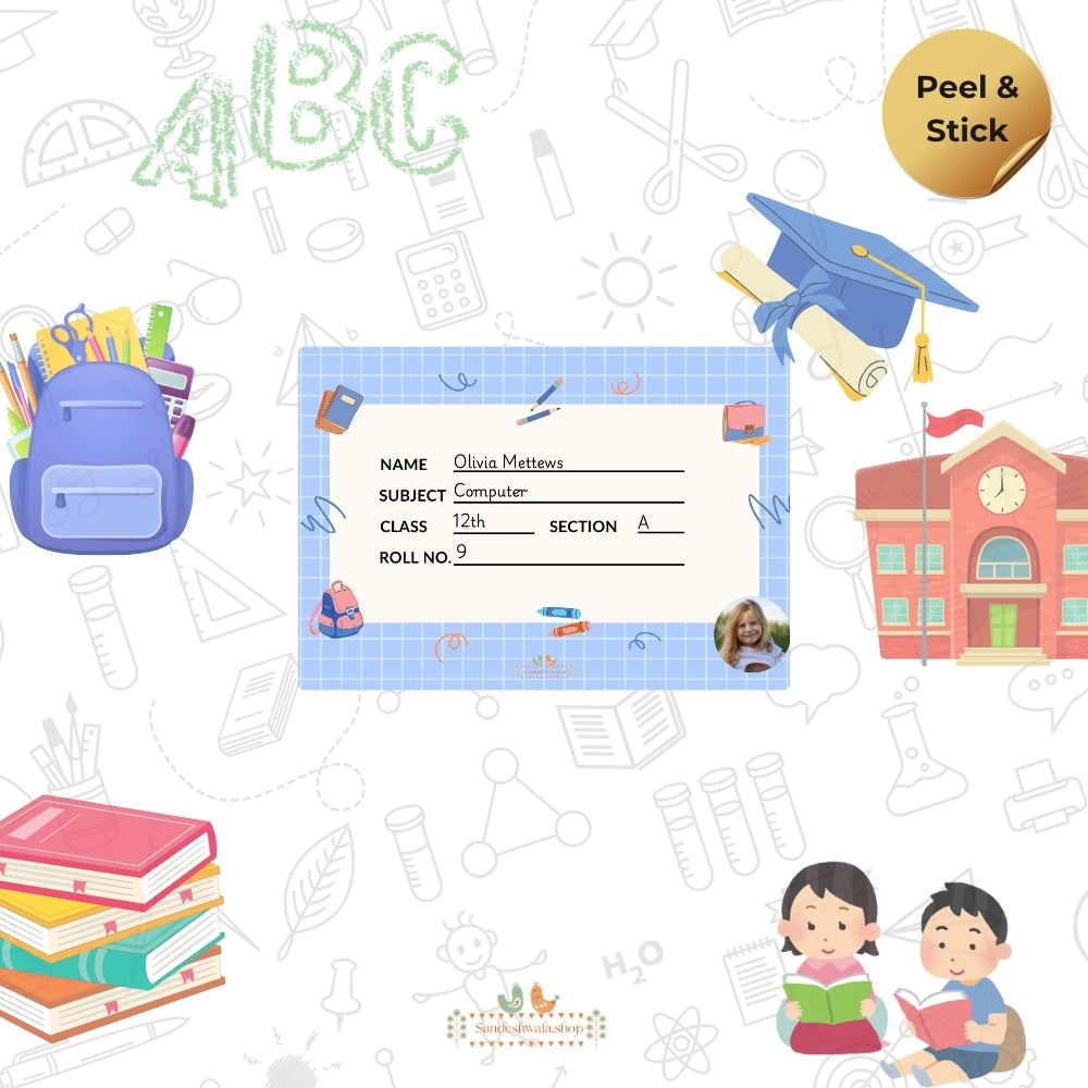 Classy Blue Grid School Name Sticker