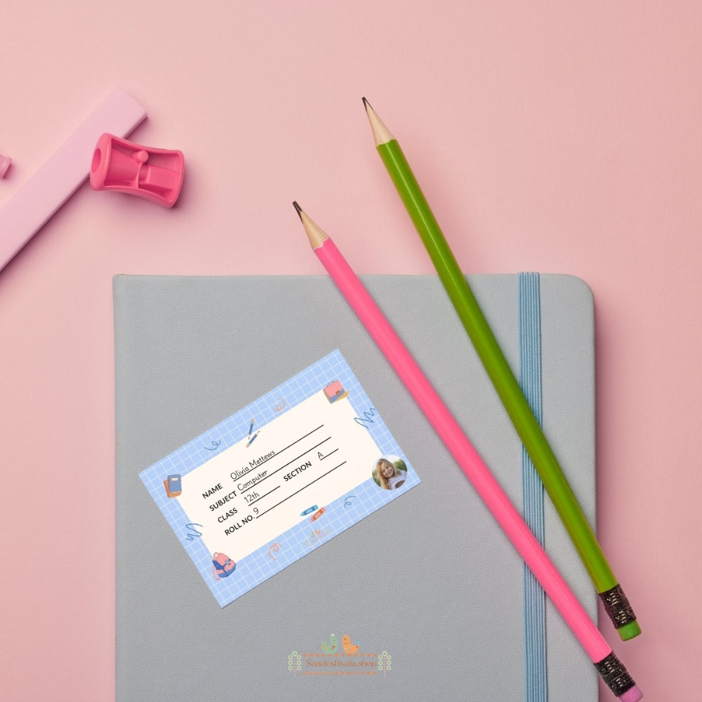 Classy Blue Grid School Name Sticker