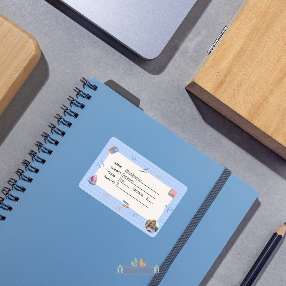 Classy Blue Grid School Name Sticker