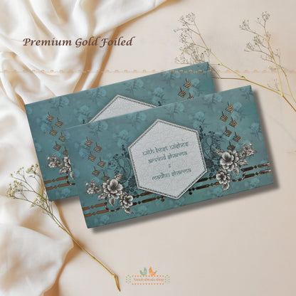 Decorative envelopes with floral patterns and gold text on a soft beige background