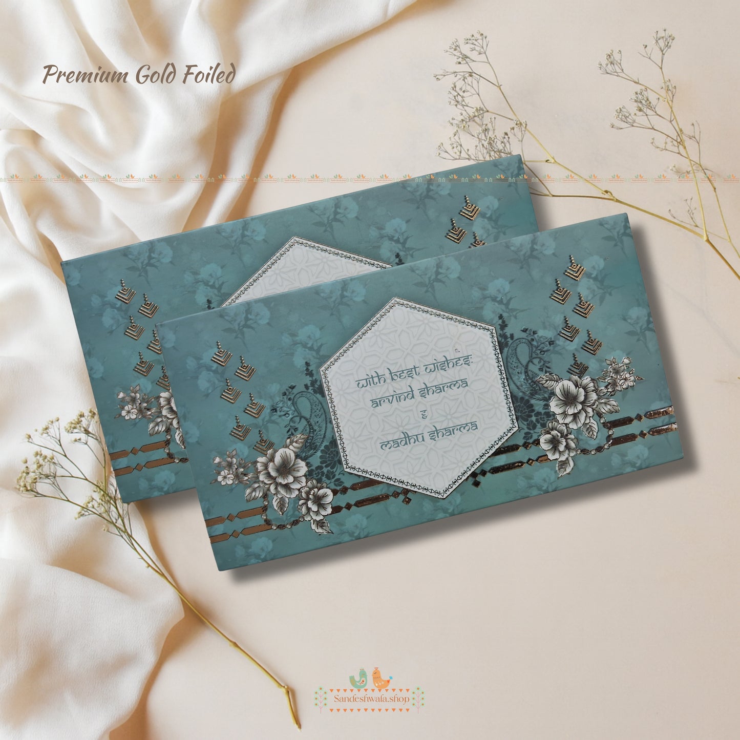 Teal Floral Premium Gold Foil Shagun Envelope - Signature Collection