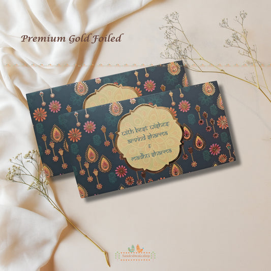 Two premium gold-foiled cards with decorative patterns on a soft beige background.