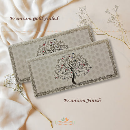 Two premium gold-foiled cards with a tree design on a soft beige background.