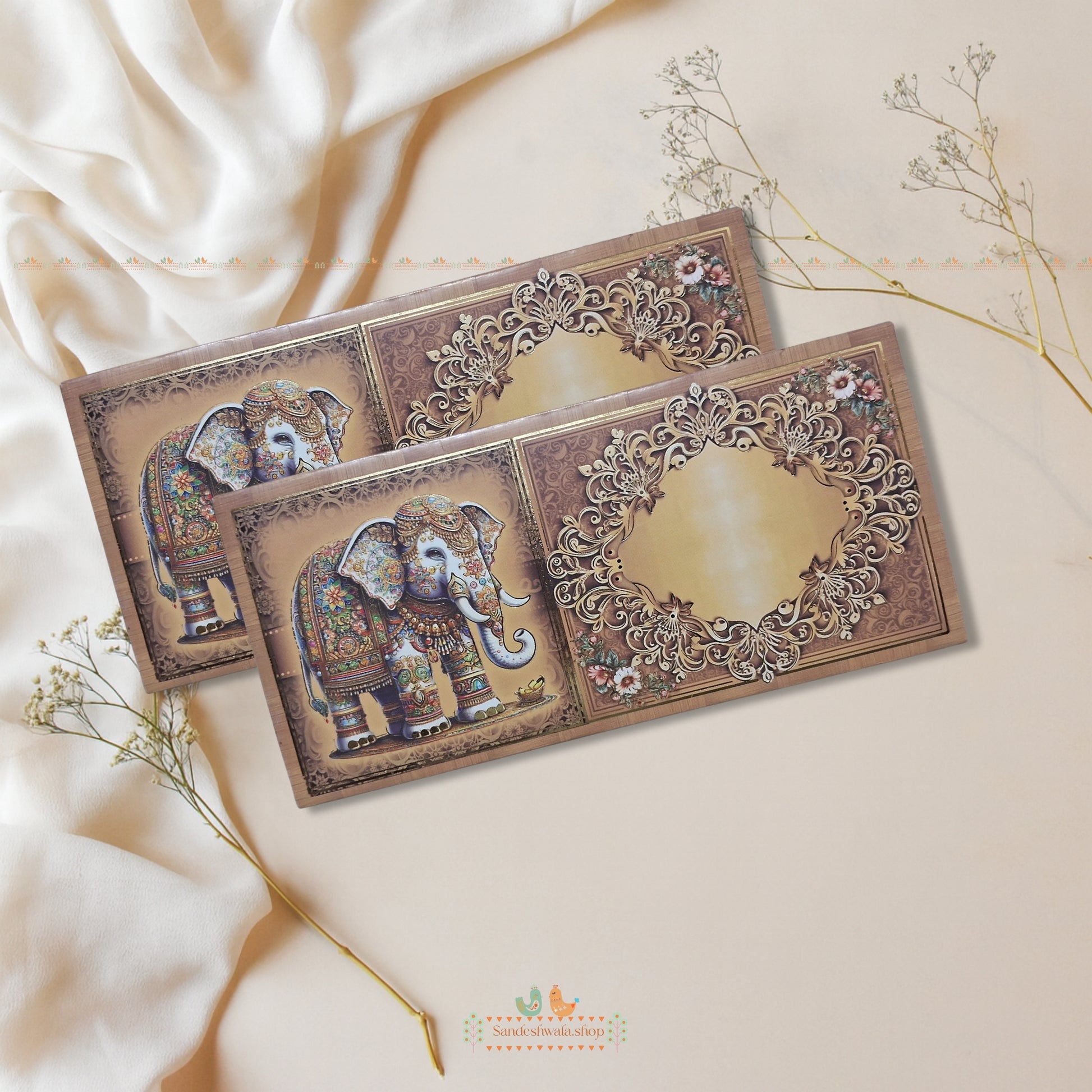 Decorative card with elephant design on a soft beige background