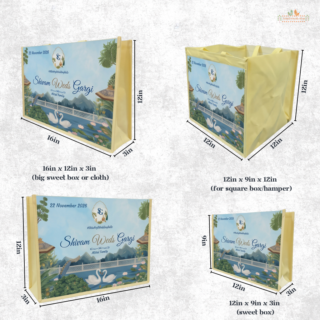Reusable Swan Lake wedding hamper bag by Sandeshwala