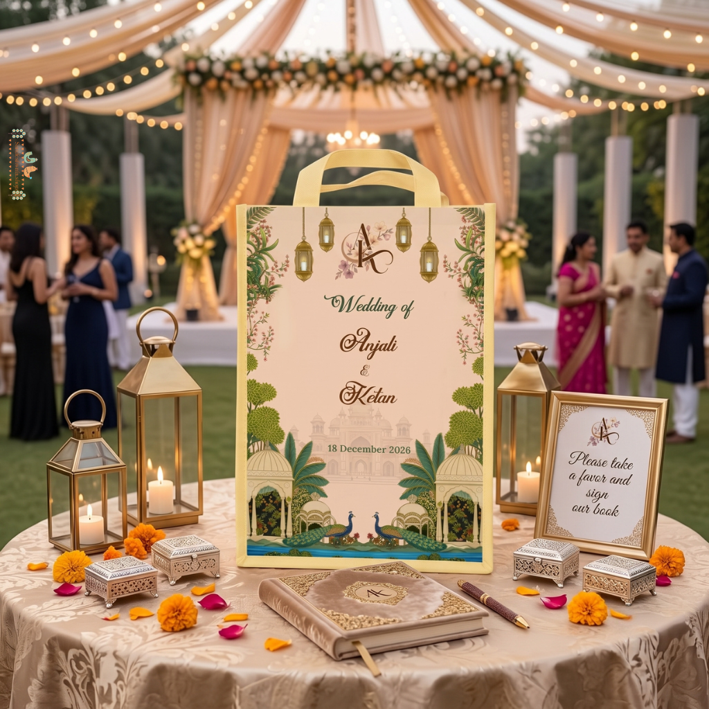 Peacock Garden personalised wedding gift bag with couple names and wedding date