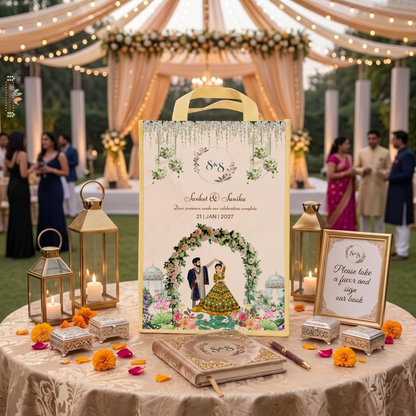 Blooming Garden personalised wedding hamper bag with couple names, monogram and wedding date on a wedding favour table