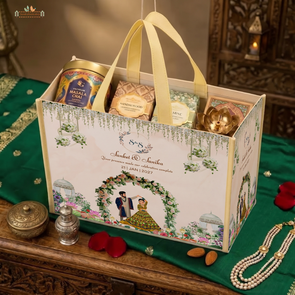 Blooming Garden floral wedding hamper bag filled with return gifts, illustrated couple under a floral arch