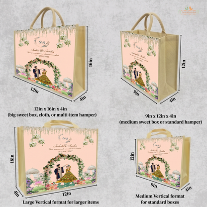 Blooming Garden wedding hamper bag size guide showing 9 x 12 x 4 inch and 12 x 16 x 4 inch bags