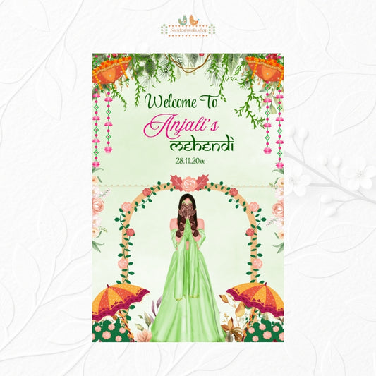 Green Floral Umbrella Mehendi - Welcome Board