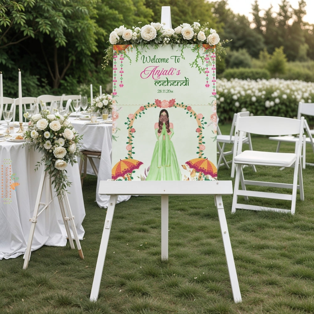 Green Floral Umbrella Mehendi - Welcome Board