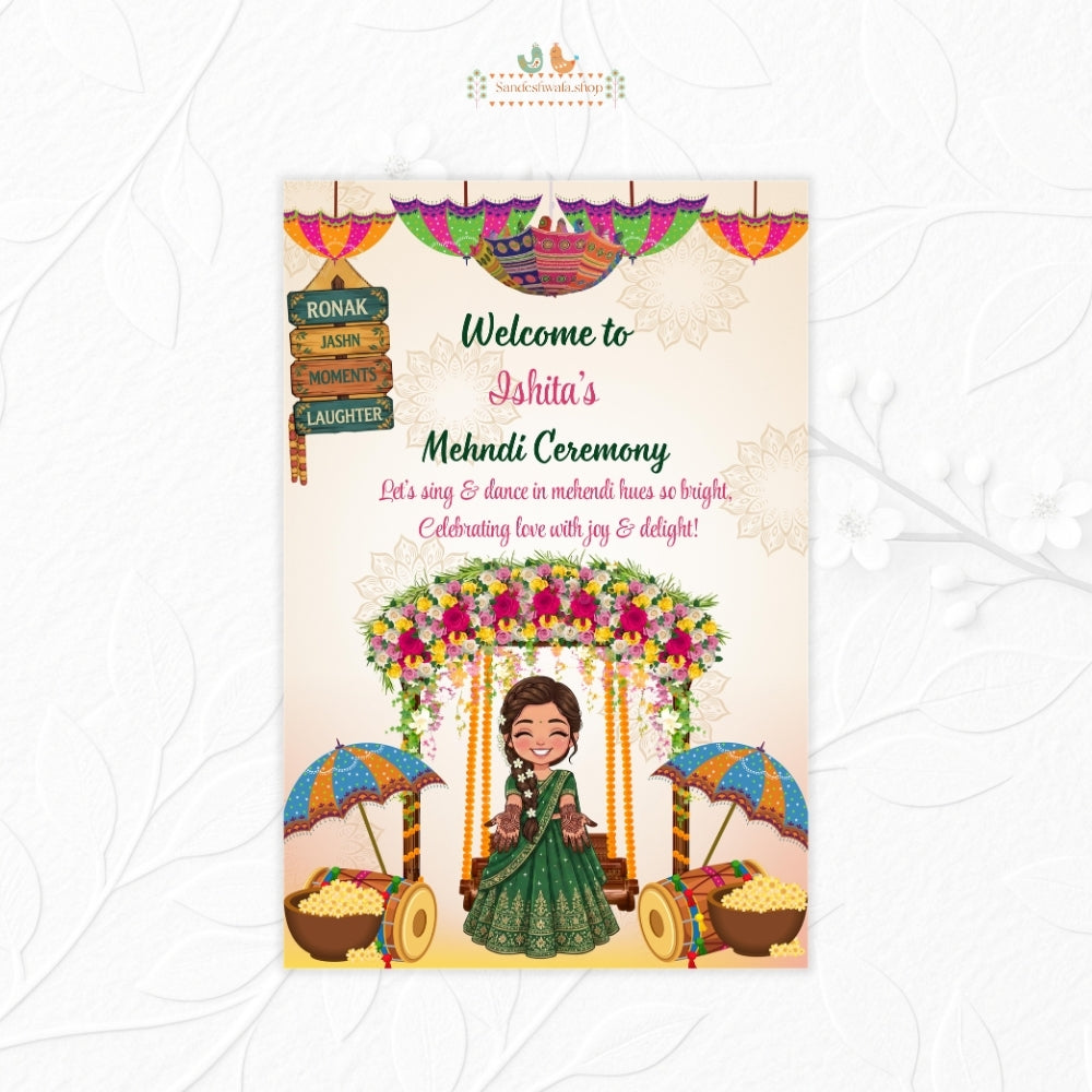 Mehendi Ceremony with Bride Illustration - Welcome Board