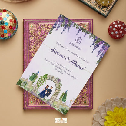 Wedding invitation card with decorative elements on a beige background